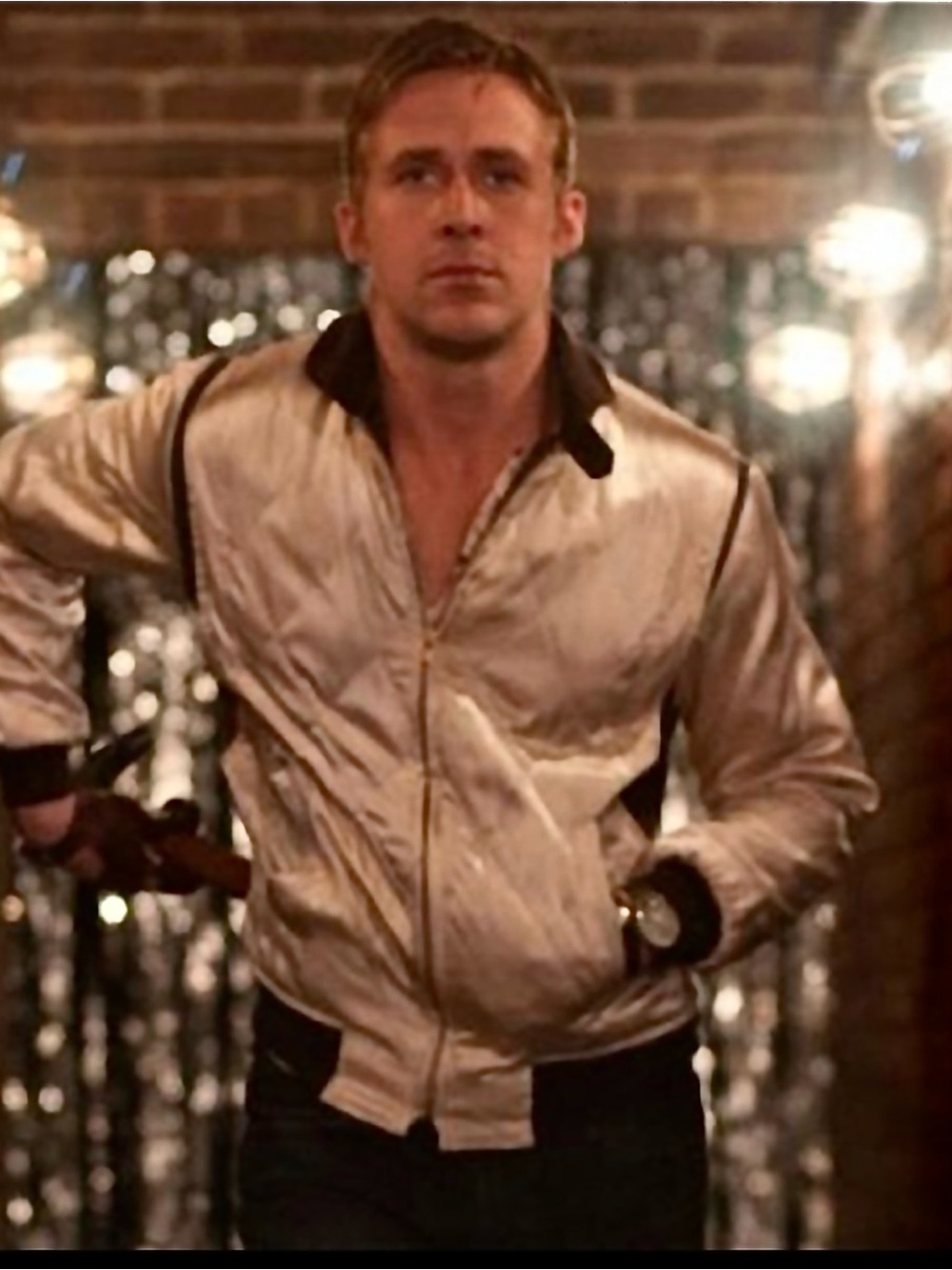 Drive Movie-Ryan Gosling Scorpion Metallic White Bomber Jacket with Black Trim